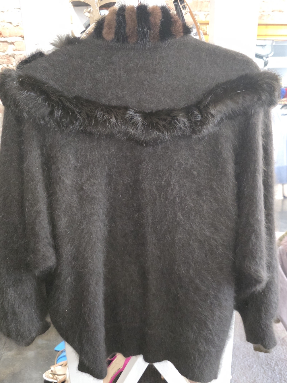 Women's Brown Angora Rabbit-Fur Trim Sweater Cardigan - Picture 3 of 3